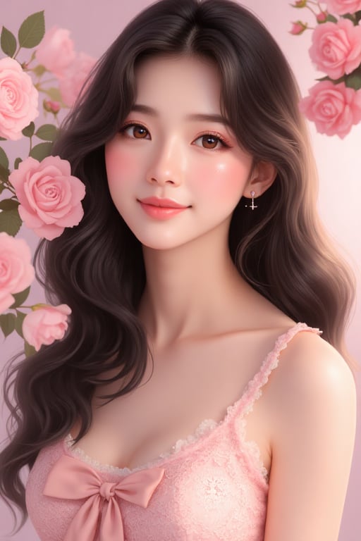 A beautiful Asian woman with fair skin and long dark brown hair,  wearing a pink lace dress with a bow tie in front. She i...