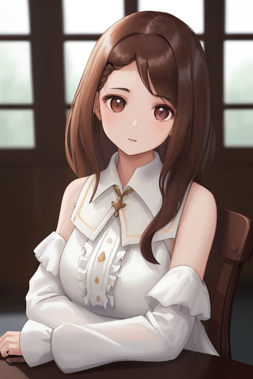 portrait young Thai woman with shoulder-length brown hair. She is wearing a white blouse with a collar and long sleeves. Her hair is styled in loose waves and falls over her shoulders. She has a serious expression on her face and is looking directly at the camera. The background is blurred, but it appears to be a room with a window and some chairs. The overall mood of the image is calm and contemplative.