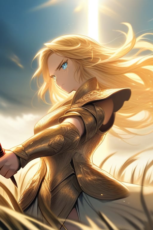 A fierce female warrior with flowing blonde hair, her face filled with determination and intensity. She raises her golden sword, pointing it forward, as if commanding her troops or challenging the enemy. Her intricately detailed golden armor and shield gleam in the bright sunlight, with complex and ornate designs that catch the light. The wind gently sweeps through the vast grassy field, causing the tall grass to sway. In the distance, a massive castle stands as a silent witness to the battle that is about to unfold. The sky is clear and blue, adding a sense of calm before the impending storm of war, while her focused eyes blaze with courage and a readiness for the fight.