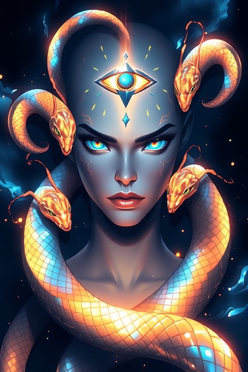 A highly detailed and vibrant fantasy portrait of a mystical woman with pale bluish-gray skin,  glowing green eyes,  and g...