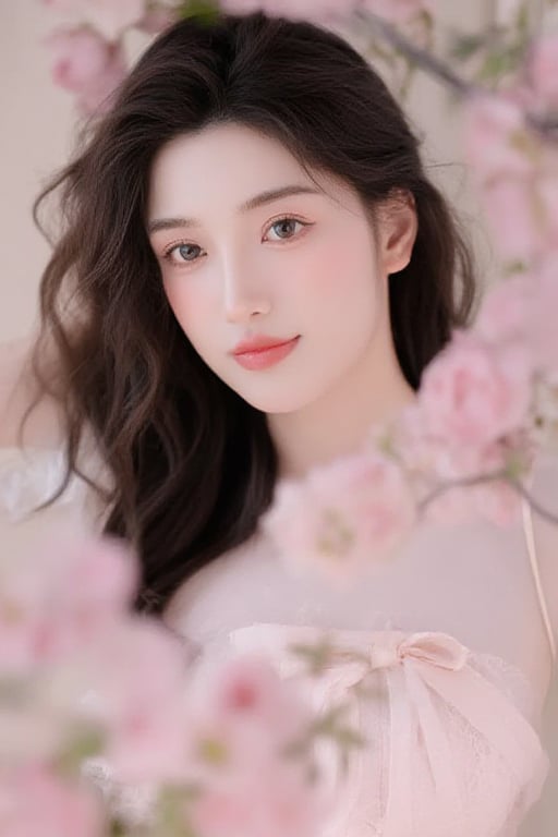 A beautiful Asian woman with fair skin and long dark brown hair,  wearing a pink lace dress with a bow tie in front. She i...
