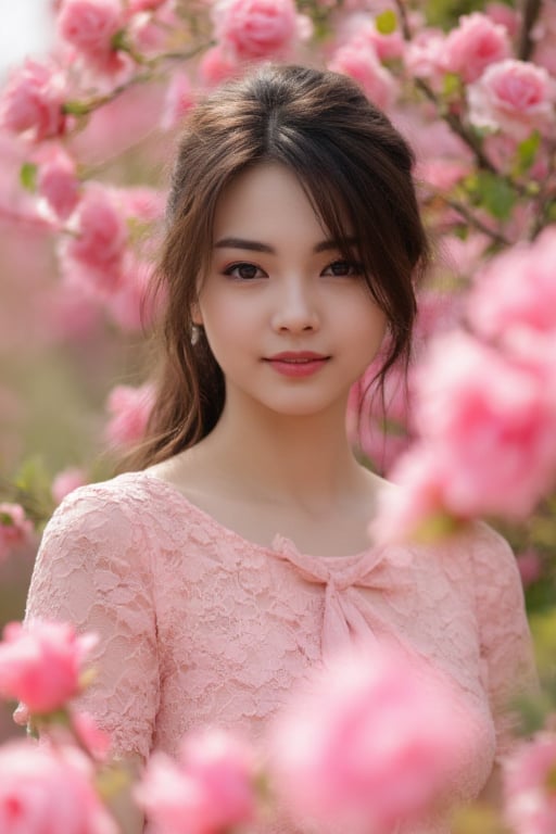 A beautiful Asian woman with fair skin and long dark brown hair,  wearing a pink lace dress with a bow tie in front. She i...