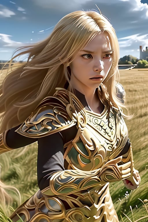 A fierce female warrior with flowing blonde hair, her face filled with determination and intensity. She raises her golden sword, pointing it forward, as if commanding her troops or challenging the enemy. Her intricately detailed golden armor and shield gleam in the bright sunlight, with complex and ornate designs that catch the light. The wind gently sweeps through the vast grassy field, causing the tall grass to sway. In the distance, a massive castle stands as a silent witness to the battle that is about to unfold. The sky is clear and blue, adding a sense of calm before the impending storm of war, while her focused eyes blaze with courage and a readiness for the fight.