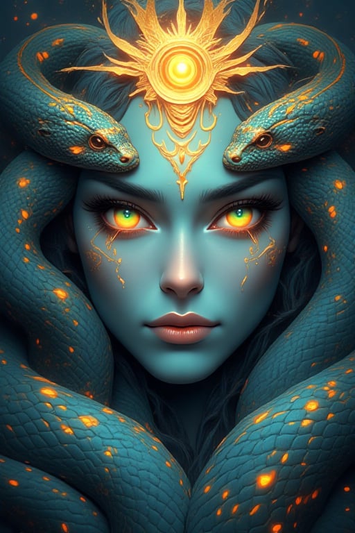 A highly detailed and vibrant fantasy portrait of a mystical woman with pale bluish-gray skin,  glowing green eyes,  and g...