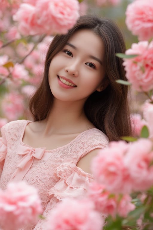 A beautiful Asian woman with fair skin and long dark brown hair,  wearing a pink lace dress with a bow tie in front. She i...