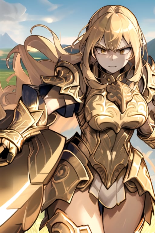 A fierce female warrior with flowing blonde hair, her face filled with determination and intensity. She raises her golden sword, pointing it forward, as if commanding her troops or challenging the enemy. Her intricately detailed golden armor and shield gleam in the bright sunlight, with complex and ornate designs that catch the light. The wind gently sweeps through the vast grassy field, causing the tall grass to sway. In the distance, a massive castle stands as a silent witness to the battle that is about to unfold. The sky is clear and blue, adding a sense of calm before the impending storm of war, while her focused eyes blaze with courage and a readiness for the fight.