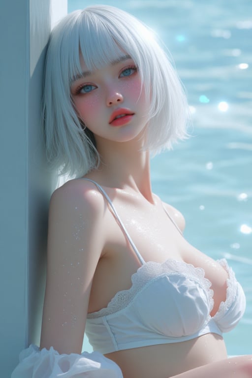 A hyper-realistic of a curvaceous and busty short haired woman with icy white hair with long bangs,  hair over one eye,  a...