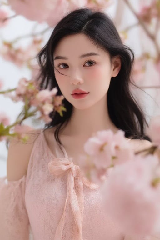 A beautiful Asian woman with fair skin and long dark brown hair,  wearing a pink lace dress with a bow tie in front. She i...