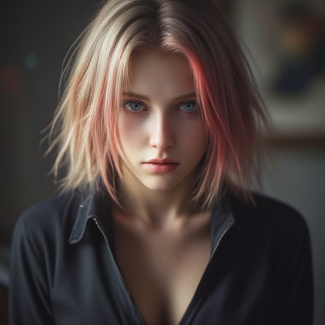 A semi-realistic depiction of a young woman with striking features. The scene is set indoors, where the subject stands alone, her short blonde locks contrasting with her red and blonde multicolored hair, styled in a mesmerizing upper-body pose. She holds a jacket to her chest, long sleeves billowing outward like wings. Her black eyes are shaded, while a sweatdrop glistens on her forehead, subtly indicating a sense of anxiety or frustration. The blurred background adds a touch of mystery, drawing the viewer's attention to the subject's enigmatic expression and captivating hair colors.