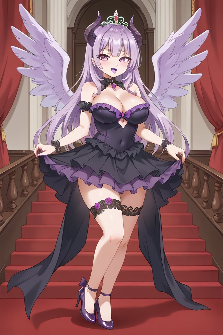 Busty,ecchi,winged, succubus with heels wearing pettiskirt dress and amethyst lipstick 