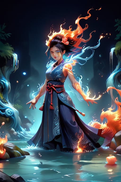 ElementWater,fire aura, asian_mythology 