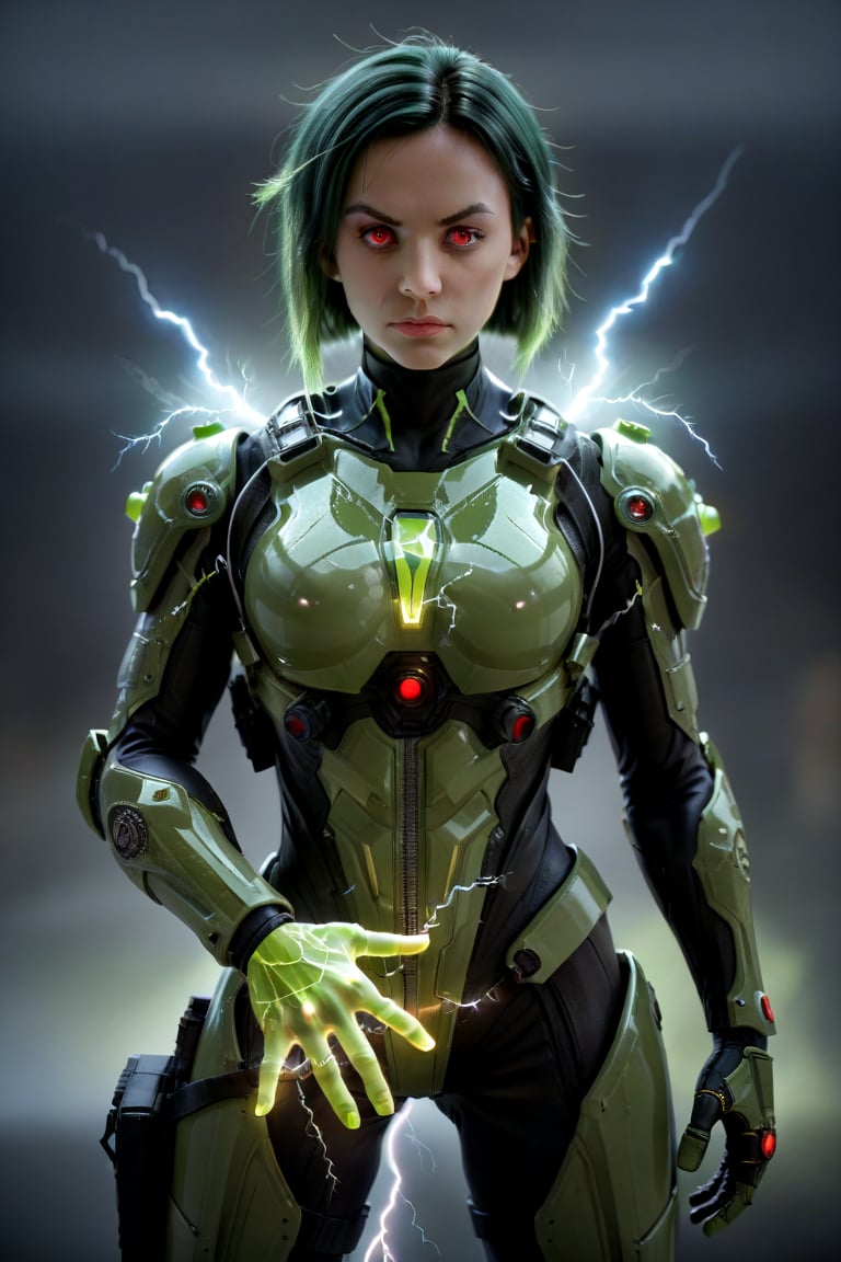 exosuit,futuristic,tactical gear,mythology, red eyes, lime green hair, armor,composed of fire elements,third eye,composed of elements of thunder,thunder,  electricity in right hand,composed of elements of thunder,thunder,electricity in right hand 