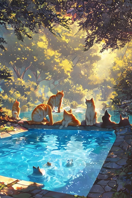 group of cats lounging and playing in a crystal-clear pool, surrounded by lush greenery and sunlit trees. The cats are in various poses, some swimming, others sunbathing on the edge, and a few chasing each other playfully. The pool is set in a serene garden with a stone pathway leading to it. The lighting is warm and natural, creating a peaceful and inviting atmosphere. The composition is dynamic, with a mix of close-ups and wide shots to capture the playful interactions and relaxed moments of the cats. The framing emphasizes the tranquility and joy of the scene.