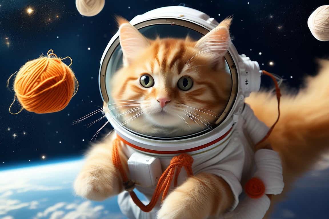 A ginger cat in an astronaut costume, floating in space, a ball of yarn surrounding it