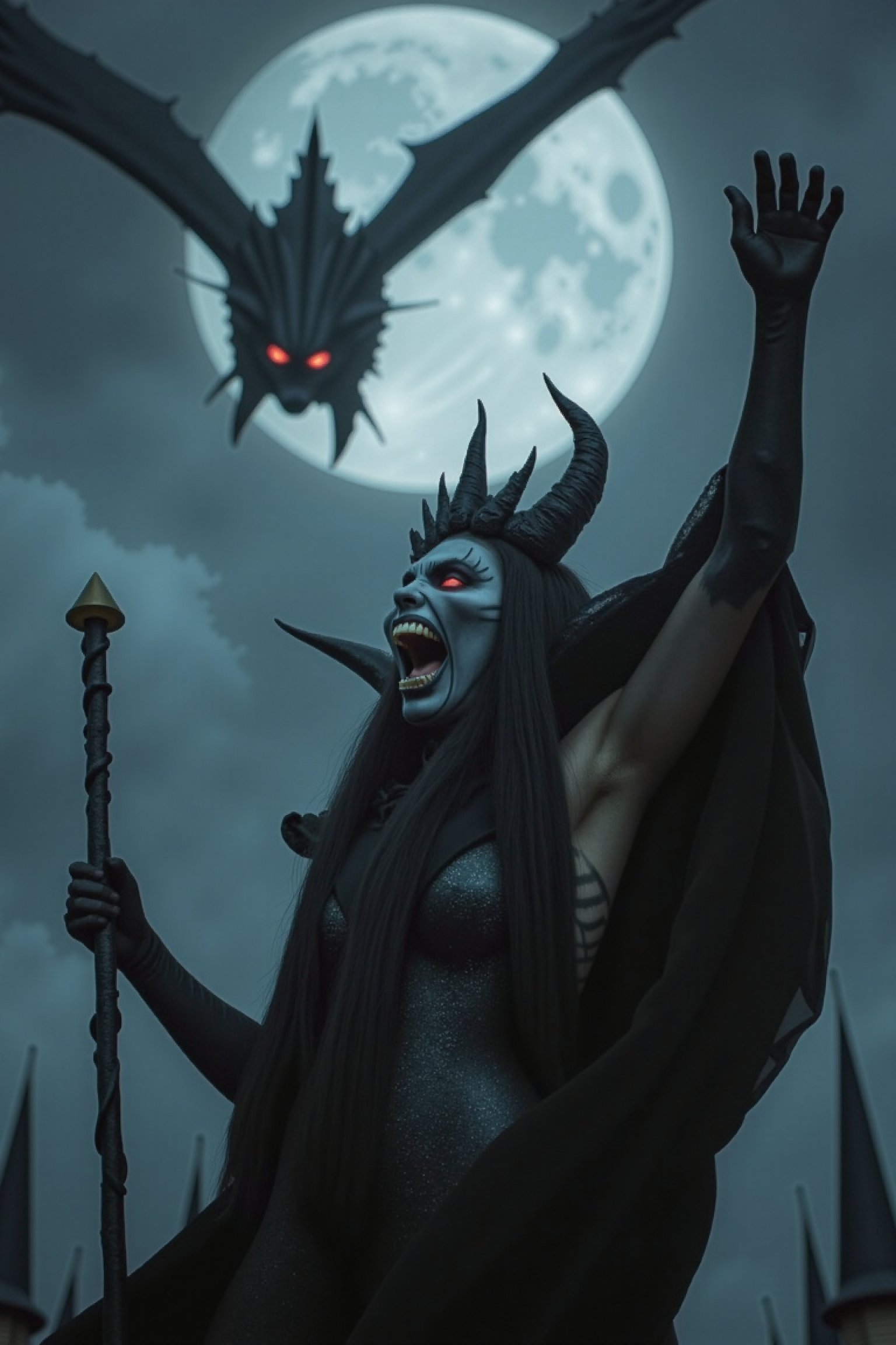 An evil queen that looks like a Disney villain brought to life,Halloween makeup, the queen is standing on the ramparts of her dark castle holding a staff high above her head with one hand while a storm brews in the distance, the scene is lit by moonlight filtering through the storm, a powerful looking black dragon can be seen hovering in the sky, the dragon has crimson eyes, the queen has an angry expression, the queen is screaming manically, the queen has long flowing black hair twisted around her evil crown and shaped into long horns, the makeup covers her entire body, the moon is huge, the storm makes the sky very dark, the dragon is flying closer to the queen, the dragon is high resolution, the dragon's ead is turned away from the camera slightly, the queen's other hand is balled into a fist