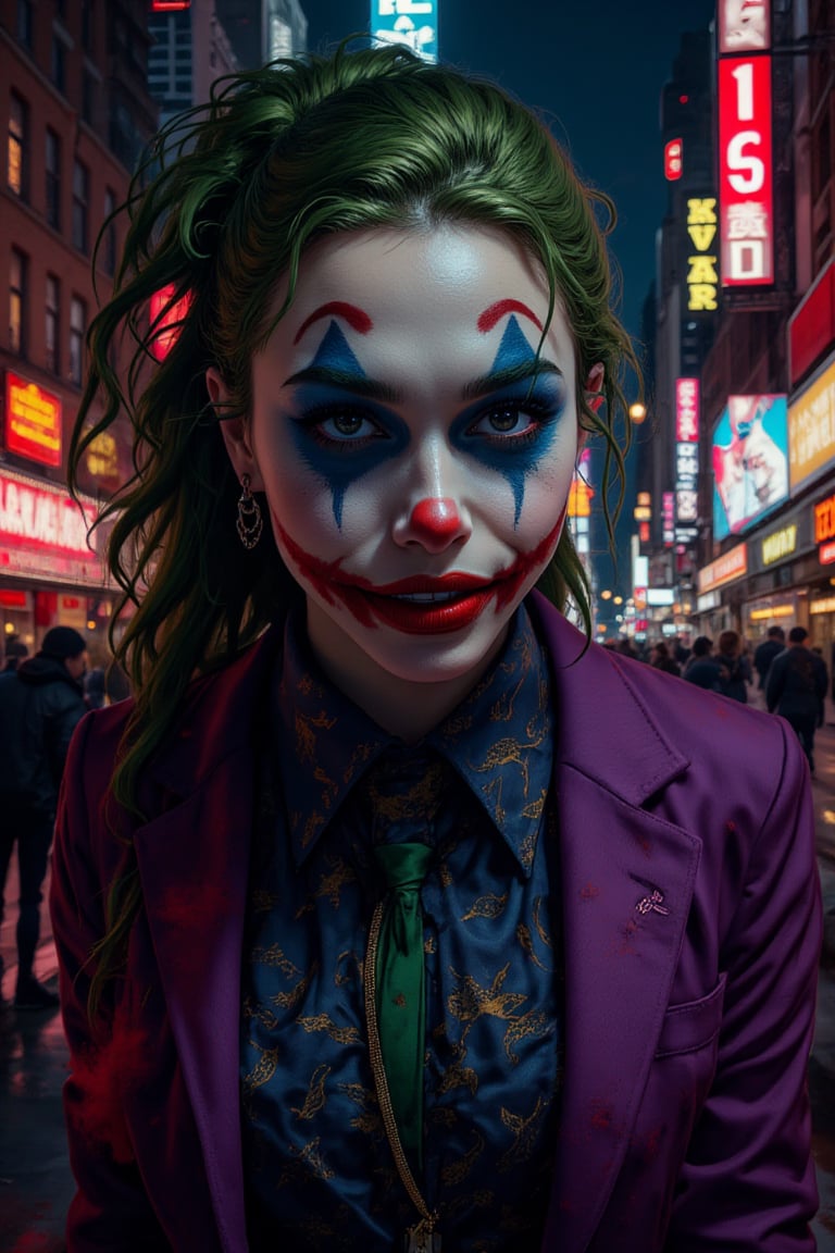 Art of a joker Joker's twisted grin wearing her makeup face, joker face makeup, purple her suit, black glove, red smoke, her green messy long hairstyle, serious badas pose, dark night, neon light city, cyberpunk realistic city background 