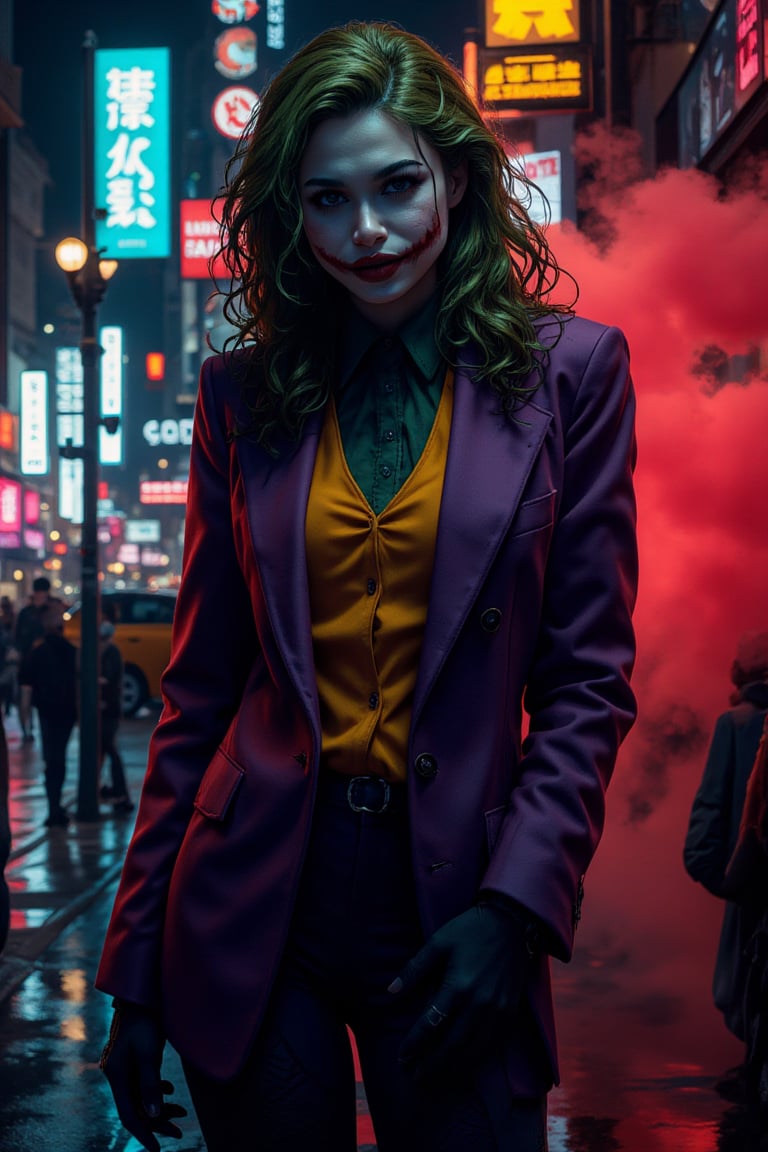 Art of a joker Joker's twisted grin wearing her makeup face, joker face makeup, purple her suit, black glove, red smoke, her green messy long hairstyle, serious badas pose, dark night, neon light city, cyberpunk realistic city background 