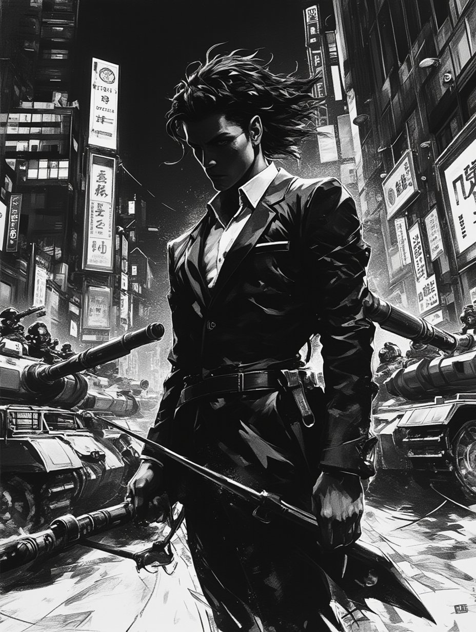 manga magazine cover poster, detailed realistic 3d, rough charcoal with zen brush calligraphy, monochromatic, closeup, burning synaptic energy aura, Yakuza wielding spiked scythe, torn business suit, night downtown, surrounded by tanks, battle scene against tactical soldiers, motion lines, attention lines, by shinkiro Bengus