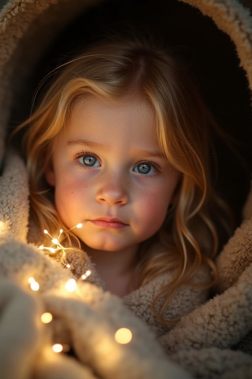 Meisje van tien jaar verschijnt in een krans van zacht licht uit een paddenstoel. 
Het meisje is zeven jaar, heeft blond lang haar en een gebruinde huid. Mooi gezicht, schattig, perfect gezicht. Helder blauwe ogen. Schouders ontbloot. 
De paddenstoel geeft licht van binnenuit en is sporadisch gevlekt. Focus op het meisje