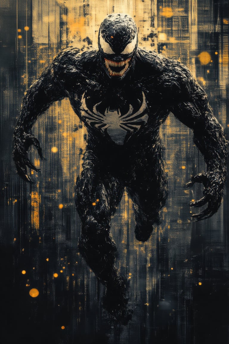 A dynamic action-packed digital illustration of Venom symbiote in a high-focus flying kick, captured from a top-down aerial view. Venom's intense expression and powerful kick are emphasized as they soar above a gritty urban cityscape, with graffiti-covered walls and concrete surfaces below. Strong midday sunlight casts sharp shadows beneath, accentuating the motion. Warm sunlight contrasts with the cool urban tones, while the Venom's slimy symbiotic body stands out against the muted background. pixel art style, pixelated design, flat, uses pixelated graphics reminiscent of classic video games, charming simplicity, intricate detailing despite limited resolution,EmberPixelNoir