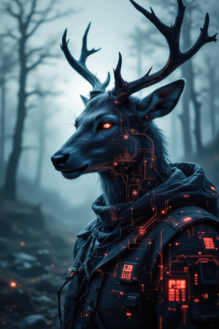 A stylized artistic portrait in double exposure of a graceful deer with branching antlers merging with futuristic technology, the deer's eyes show a serene expression. Its profile dissolves into a digital matrix with neon circuitry patterns glowing in red and black, creating a dynamic contrast. The background is a misty forest intertwined with high-tech neon-lit digital components, blending natural elements with technology. Soft ambient lighting enhances the peaceful and reflective mood, while intense technoglow effects emphasize the digital transformation. The scene captures a harmonious blend of wildlife essence and technological evolutio,Stylized Double Exposure,Blend In Double Exposure,TechnoGlow,cinematic dramatic color style