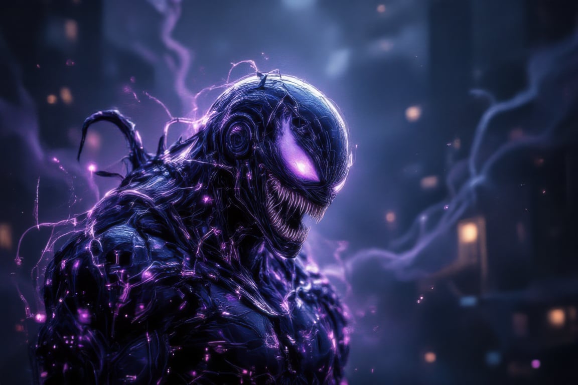 A double exposure portrait of Venom the Symbiote, his monstrous silhouette merging with a digital matrix of neon-lit circuitry. His twisted features dissolve into glowing circuits and holographic patterns in intense purples and blues, creating a haunting yet futuristic effect. The background combines misty, organic textures with high-tech neon structures, symbolizing a fusion of biological and digital worlds. Soft, eerie lighting casts a menacing glow, highlighting Venom’s form as technoglow effects pulse through his dark, inky tendrils, blurring the lines between alien and digital,Stylized Double Exposure,Blend In Double Exposure,TechnoGlow