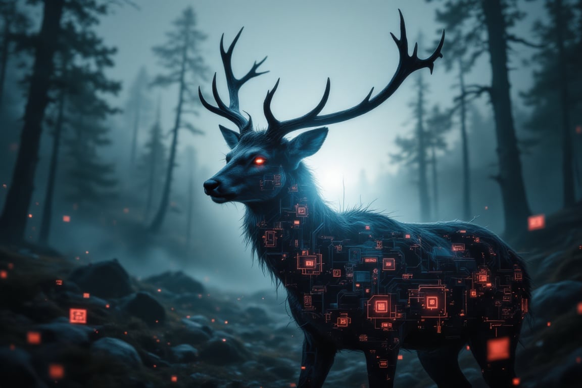 A stylized artistic portrait in double exposure of a graceful deer with branching antlers merging with futuristic technology, the deer's eyes show a serene expression. Its profile dissolves into a digital matrix with neon circuitry patterns glowing in red and black, creating a dynamic contrast. The background is a misty forest intertwined with high-tech neon-lit digital components, blending natural elements with technology. Soft ambient lighting enhances the peaceful and reflective mood, while intense technoglow effects emphasize the digital transformation. The scene captures a harmonious blend of wildlife essence and technological evolutio,Stylized Double Exposure,Blend In Double Exposure,TechnoGlow,cinematic dramatic color style