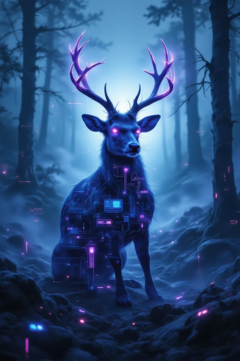 A stylized artistic portrait in double exposure of a graceful deer with branching antlers merging with futuristic technology, the deer's eyes show a serene expression. Its profile dissolves into a digital matrix with neon circuitry patterns glowing in purple and cyan, creating a dynamic contrast. The background is a misty forest intertwined with high-tech neon-lit digital components, blending natural elements with technology. Soft ambient lighting enhances the peaceful and reflective mood, while intense technoglow effects emphasize the digital transformation. The scene captures a harmonious blend of wildlife essence and technological evolutio,Stylized Double Exposure,Blend In Double Exposure,TechnoGlow,cinematic dramatic color style