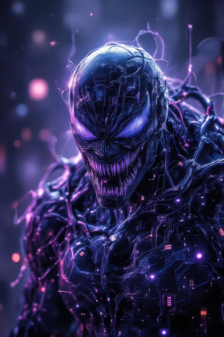 A double exposure portrait of Venom the Symbiote, his monstrous silhouette merging with a digital matrix of neon-lit circuitry. His twisted features dissolve into glowing circuits and holographic patterns in intense purples and blues, creating a haunting yet futuristic effect. The background combines misty, organic textures with high-tech neon structures, symbolizing a fusion of biological and digital worlds. Soft, eerie lighting casts a menacing glow, highlighting Venom’s form as technoglow effects pulse through his dark, inky tendrils, blurring the lines between alien and digital,Stylized Double Exposure,Blend In Double Exposure,TechnoGlow