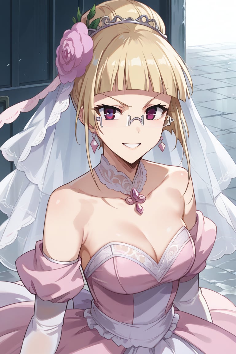 score_9,score_8_up,score_7_up,source_anime,BREAK
1girl, solo,
Mashiro, blonde hair, hair ornament, glasses, purple eyes, hair flower, bangs, blunt bangs, single hair bun, semi-rimless eyewear,
wedding dress, pink dress, smile,