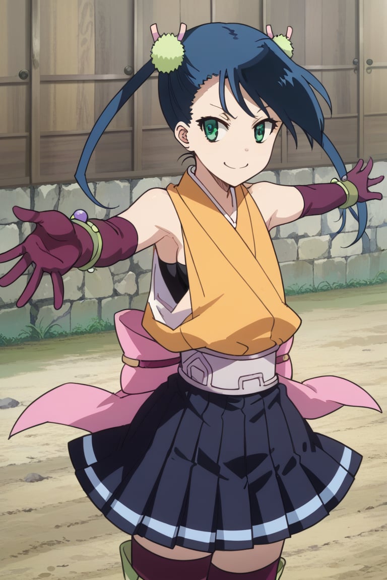 score_9,score_8_up,score_7_up,source_anime,BREAK
1girl, solo,
Hibachi, blue hair, twintails, short hair, green eyes,
pleated skirt purple thighhighs elbow gloves yellow shirt japanese clothes sarashi pink bow, smile, outstretched arms 