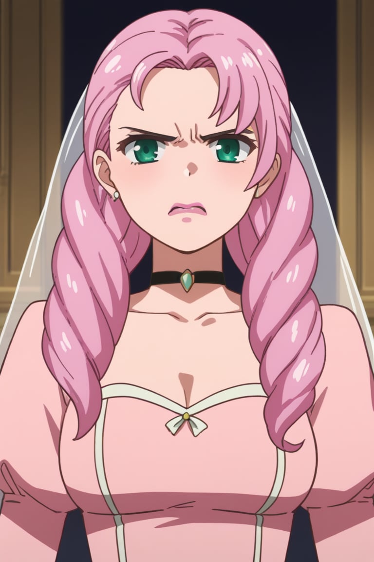 score_9,score_8_up,score_7_up,source_anime,BREAK
1girl, solo,

Marianne,pink lipstick,pink hair,drill hair,long hair,green eyes

wedding dress, pink dress, angry,