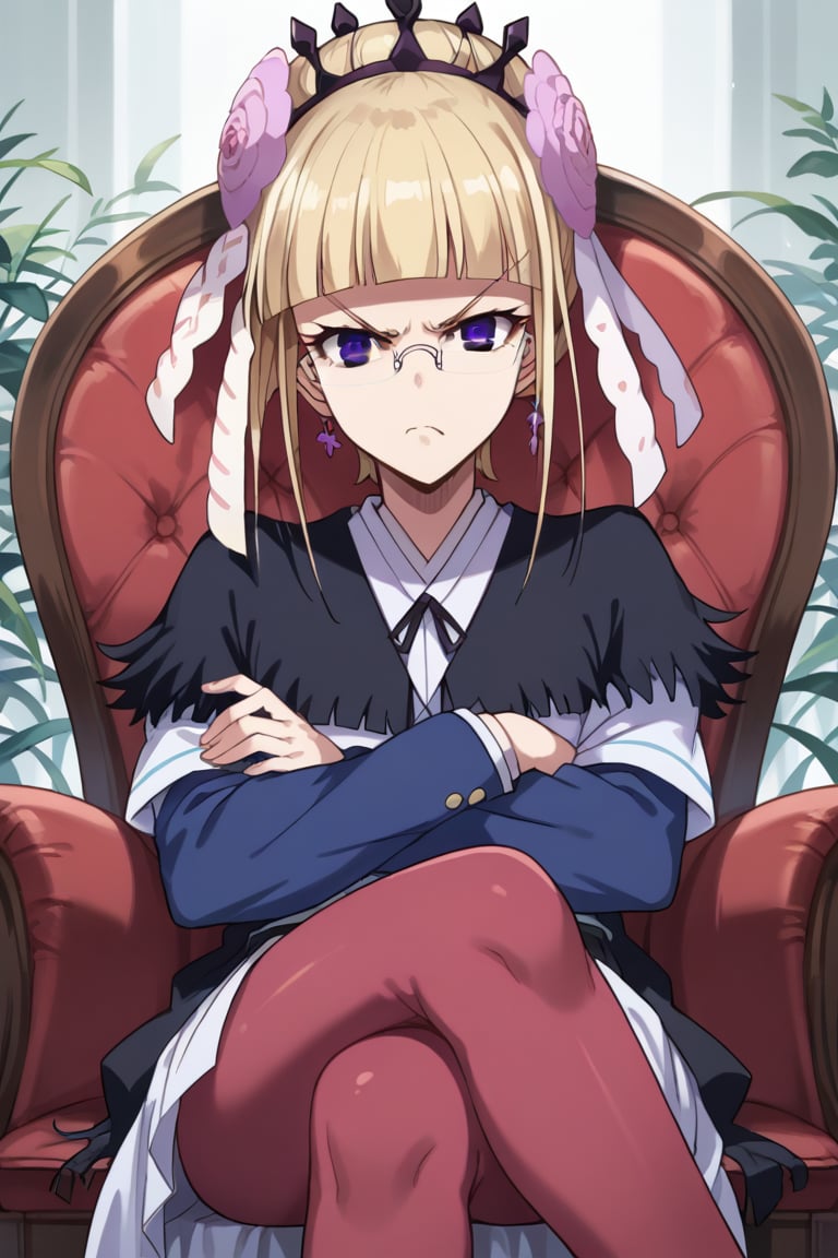 score_9,score_8_up,score_7_up,source_anime,BREAK
1girl, solo,
Mashiro, blonde hair, hair ornament, glasses, purple eyes, hair flower, bangs, blunt bangs, single hair bun, semi-rimless eyewear,
queen, sitting, chair, crossed legs, crossed arms, looking at viewer, angry