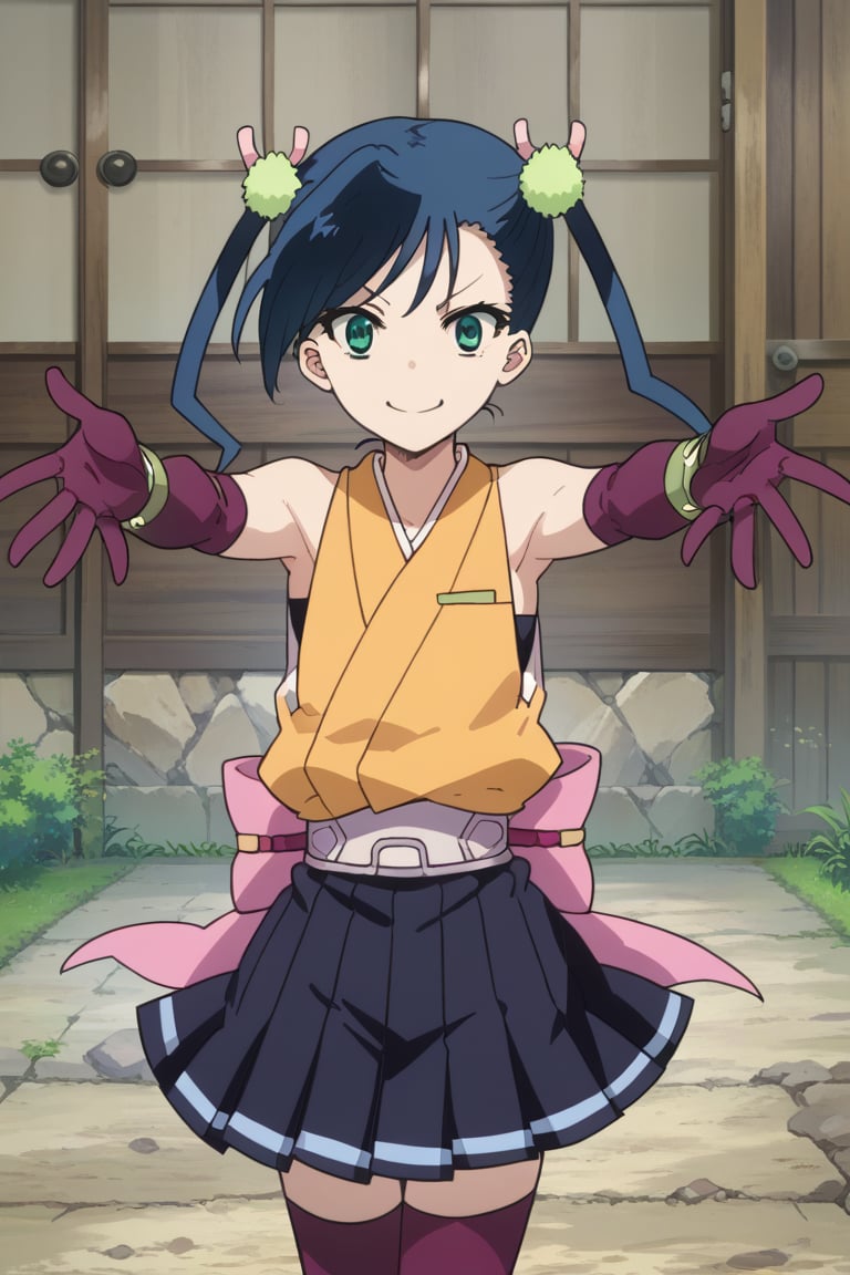 score_9,score_8_up,score_7_up,source_anime,BREAK
1girl, solo,
Hibachi, blue hair, twintails, short hair, green eyes,
pleated skirt purple thighhighs elbow gloves yellow shirt japanese clothes sarashi pink bow, smile, outstretched arms 