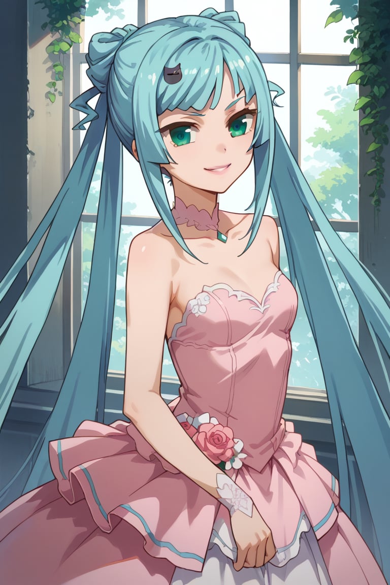 score_9,score_8_up,score_7_up,source_anime,BREAK
1girl, solo,
Sagara Momoka, green eyes, blue hair, long hair, very long hair, twintails, hair ornament
wedding dress, pink dress, smile,