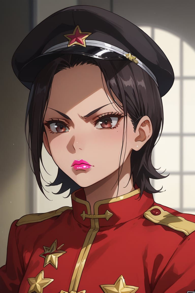 score_9,score_8_up,score_7_up,source_anime,BREAK
1girl, solo,

Miyasato Aoi, black hair, brown eyes, short hair, lipstick, pink lipstick

soviet uniform, red star, hat,