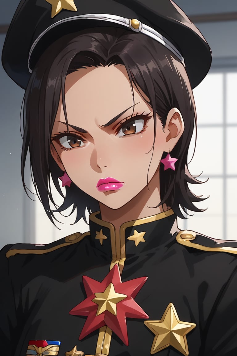 score_9,score_8_up,score_7_up,source_anime,BREAK
1girl, solo,

Miyasato Aoi, black hair, brown eyes, short hair, lipstick, pink lipstick

soviet uniform, red star, hat,