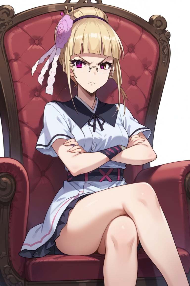 score_9,score_8_up,score_7_up,source_anime,BREAK
1girl, solo,
Mashiro, blonde hair, hair ornament, glasses, purple eyes, hair flower, bangs, blunt bangs, single hair bun, semi-rimless eyewear,
queen, sitting, chair, crossed legs, crossed arms, looking at viewer, angry