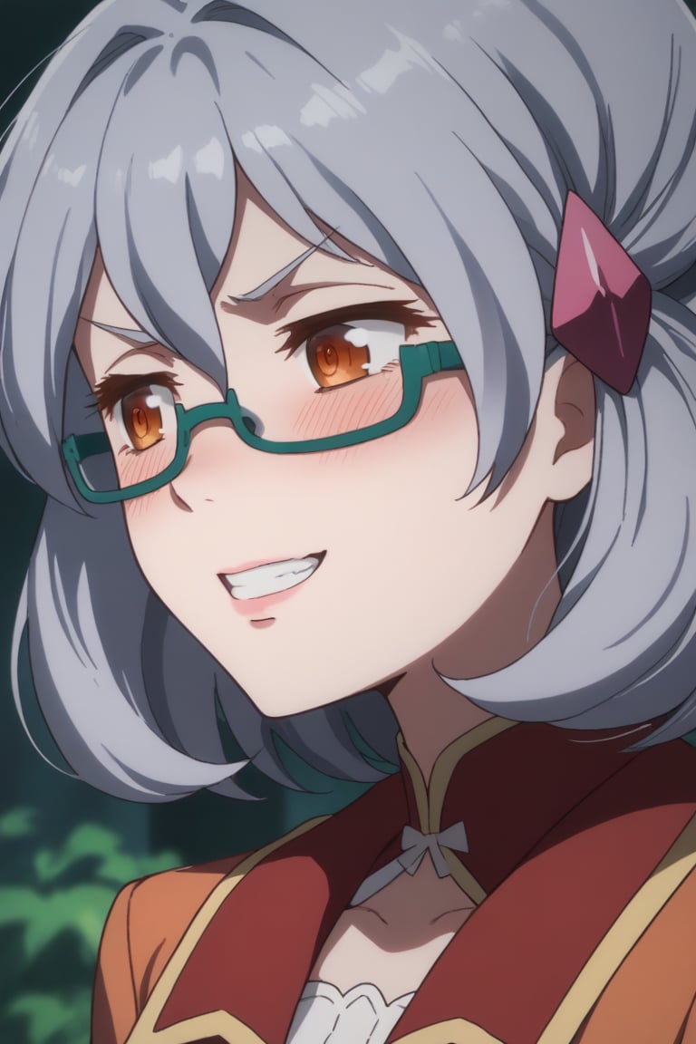 score_9,score_8_up,score_7_up,source_anime,BREAK
1girl, solo,

Miranda, glasses, orange eyes, hair ornament, semi-rimless eyewear, grey hair, short hair,

close-up, big grin, looking to side, shy, blush,