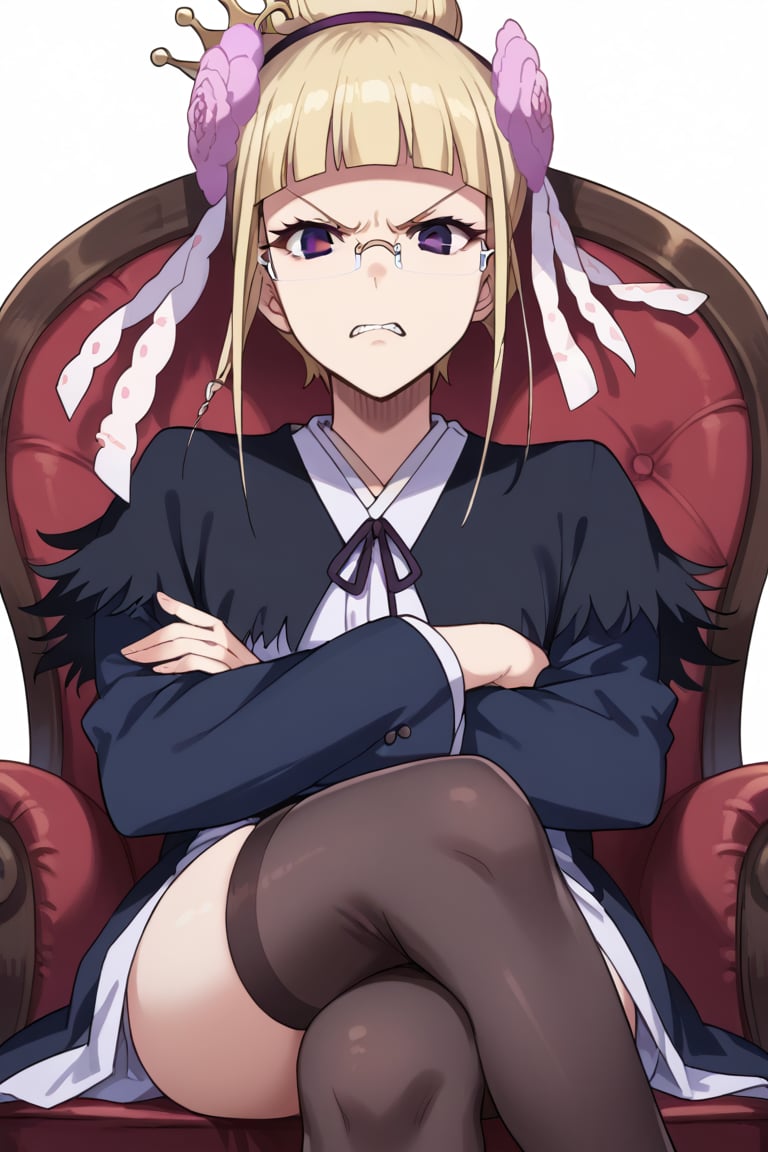 score_9,score_8_up,score_7_up,source_anime,BREAK
1girl, solo,
Mashiro, blonde hair, hair ornament, glasses, purple eyes, hair flower, bangs, blunt bangs, single hair bun, semi-rimless eyewear,
queen, sitting, chair, crossed legs, crossed arms, looking at viewer, angry