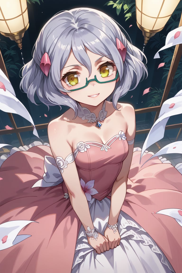 score_9,score_8_up,score_7_up,source_anime,BREAK
1girl, solo,
Miranda, glasses, orange eyes, hair ornament, semi-rimless eyewear, grey hair, short hair,
wedding dress, pink dress, smile,