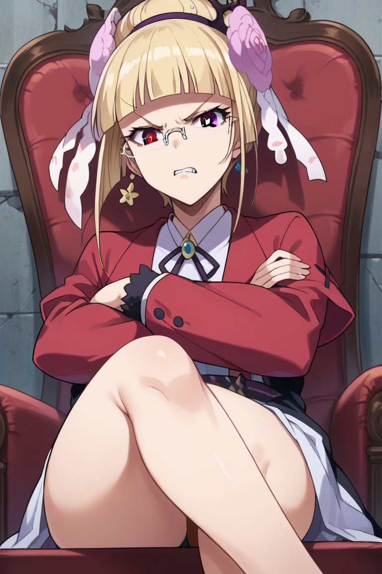 score_9,score_8_up,score_7_up,source_anime,BREAK
1girl, solo,
Mashiro, blonde hair, hair ornament, glasses, purple eyes, hair flower, bangs, blunt bangs, single hair bun, semi-rimless eyewear,
queen, sitting, chair, crossed legs, crossed arms, looking at viewer, angry