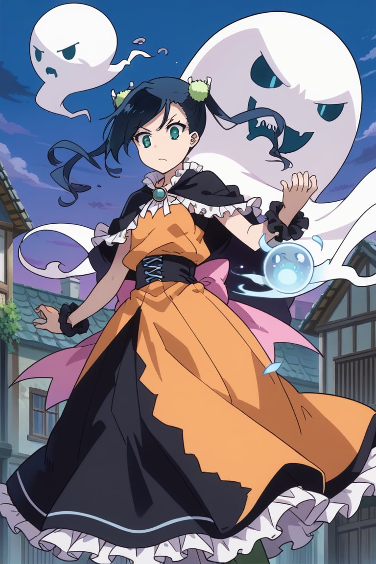 score_9,score_8_up,score_7_up,source_anime,BREAK
1girl, solo,
Hibachi, blue hair, twintails, short hair, green eyes,
ghost,black cat,frilled dress,orange dress,black dress,multicolored clothes,cloak,silk,floating object,eushully,liselle,long hair,black hair,blue eyes,looking down,stirring,mismatched legwear,long skirt,attack,orange 