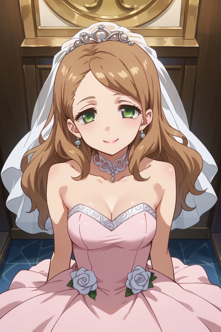 score_9,score_8_up,score_7_up,source_anime,BREAK
1girl, solo,
Kirii Futaba, long hair, brown hair, green eyes,
wedding dress, pink dress, smile,