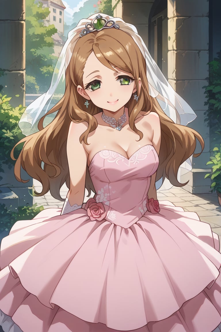 score_9,score_8_up,score_7_up,source_anime,BREAK
1girl, solo,
Kirii Futaba, long hair, brown hair, green eyes,
wedding dress, pink dress, smile,