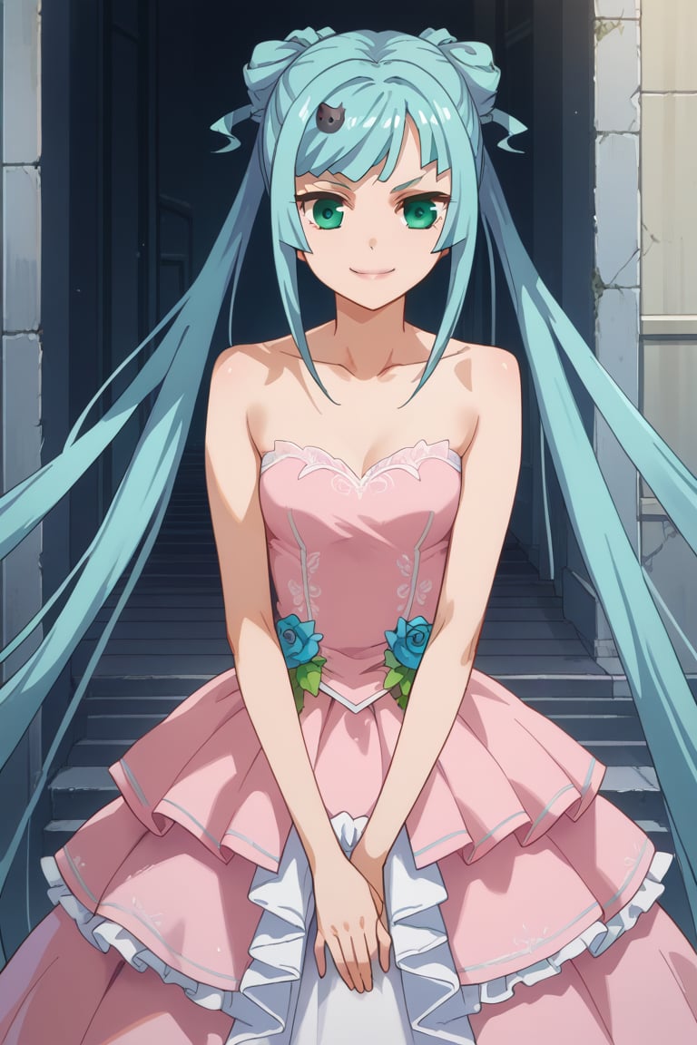 score_9,score_8_up,score_7_up,source_anime,BREAK
1girl, solo,
Sagara Momoka, green eyes, blue hair, long hair, very long hair, twintails, hair ornament
wedding dress, pink dress, smile,