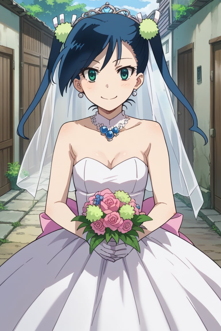 score_9,score_8_up,score_7_up,source_anime,BREAK
1girl, solo,
Hibachi, blue hair, twintails, short hair, green eyes,
wedding dress, pink dress, smile,