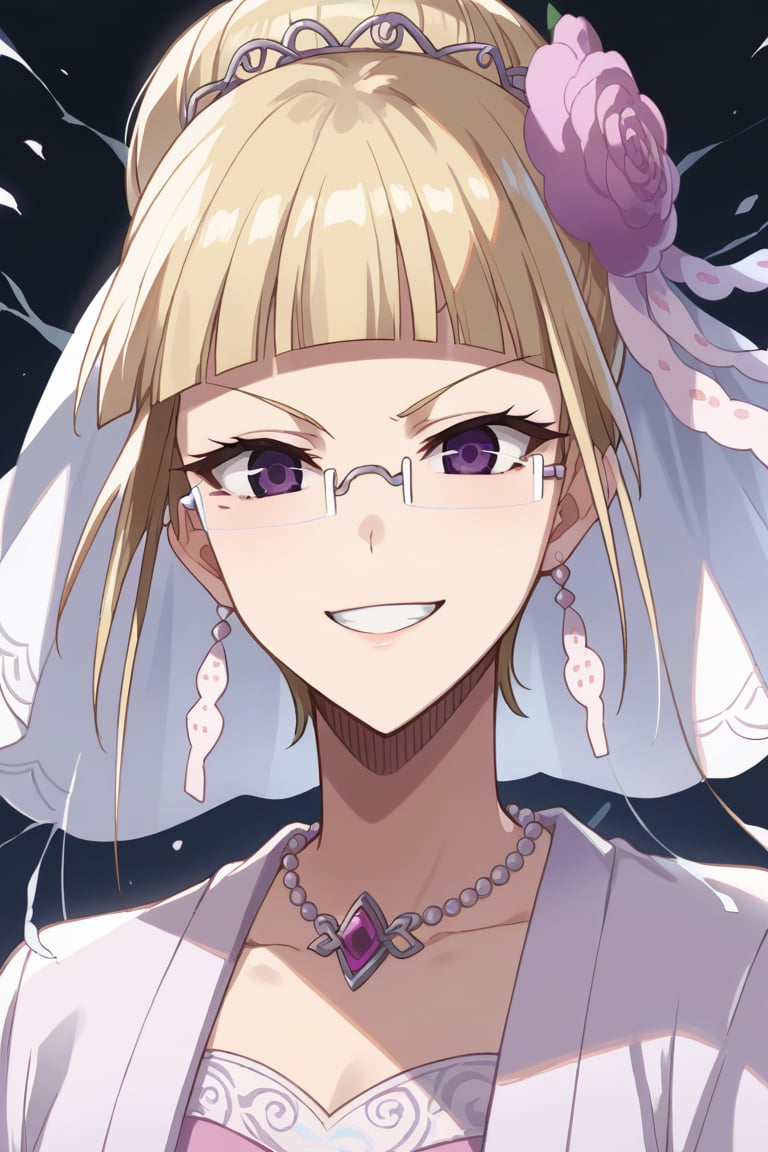 score_9,score_8_up,score_7_up,source_anime,BREAK
1girl, solo,
Mashiro, blonde hair, hair ornament, glasses, purple eyes, hair flower, bangs, blunt bangs, single hair bun, semi-rimless eyewear,
wedding dress, pink dress, smile,