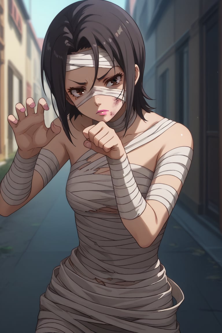 score_9,score_8_up,score_7_up,source_anime,BREAK
1girl, solo,

Miyasato Aoi, black hair, brown eyes, short hair, lipstick, pink lipstick

ripped black pantyhose,

outside, mummy costume, bandages, bandaged arm, zombie pose, bandage on face,