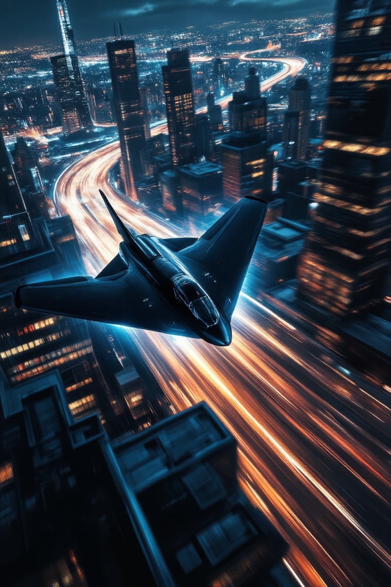 A high-speed blackbird aircraft flying at low altitude over metropolitan New York, captured in a long exposure shot. The sleek, dark silhouette of the aircraft leaves an intense motion trail against the illuminated night skyline, with cool-toned city lights accentuating its extreme velocity. The dynamic scene shows the aircraft streaking over streets and skyscrapers, emphasizing both speed and the smooth, futuristic texture of the blackbird in contrast with the bustling cityscape,High Speed,Hyperspeed,Ink Playing,cinematic dramatic color style